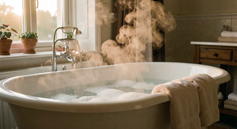 Une baignoire avec de la vapeur qui monte, une serviette éponge pliée sur le rebord et une lumière ambrée, ambiance calme.