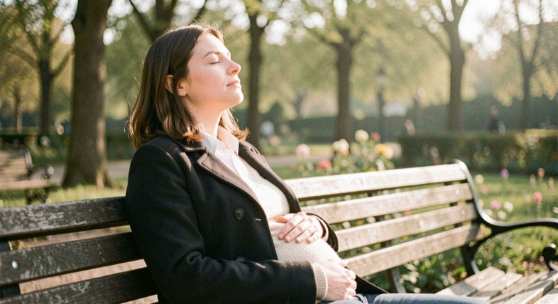 Une personne assise sur un banc de parc, yeux fermés, une main posée sur le ventre, arbres flous en arrière-plan, lumière de matin.