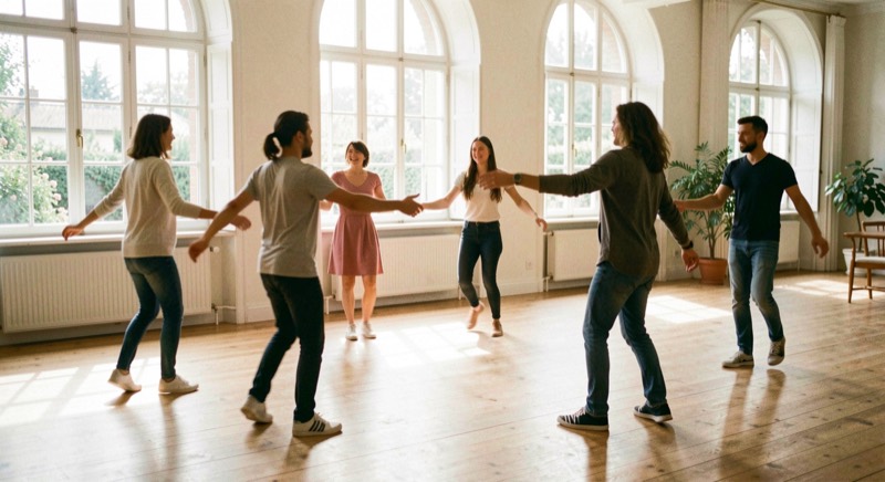 Plusieurs personnes dansant librement dans une salle claire, bras ouverts, ombres souples sur un parquet clair.