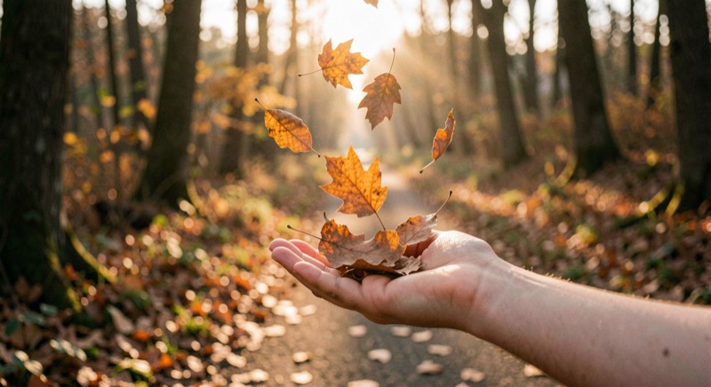 Une main ouverte lâchant des feuilles mortes au-dessus d'un sentier d'automne, feuilles en suspension, lumière dorée.