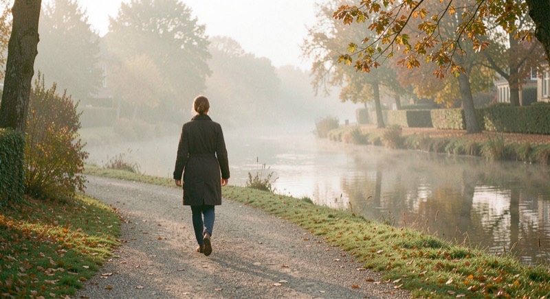 Une femme marche seule sur un chemin de gravier le long d'une rivière calme au matin, vue de dos, les mains libres, une brume légère sur l'eau