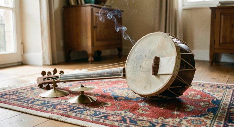 Un sitar posé sur un tapis indien aux côtés de petites cymbales, lumière chaude d'intérieur, encens léger en arrière-plan.