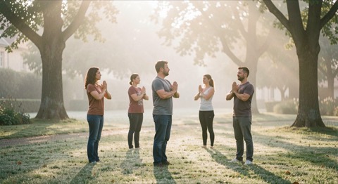Un petit groupe de personnes debout en posture de qi gong dans un parc tôt le matin, bras arrondis devant eux, pelouse humide de rosée.
