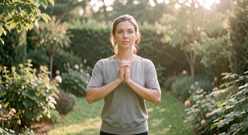 Une femme seule en posture de qi gong dans un jardin, bras arrondis devant la poitrine, feuillage doux et lumière matinale.