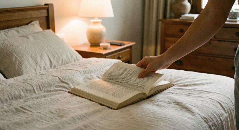 Une main qui pose un livre ouvert sur une couette en lin, lampe de chevet allumée à lumière chaude, téléphone retourné sur la commode.